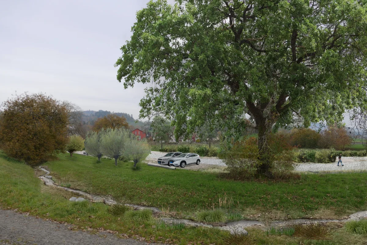 Die Baudirektion plant mit einer Umsetzung ab 2025. Visualisierungen der geplanten neuen Parkplätze am Ausliker Dorfrand.